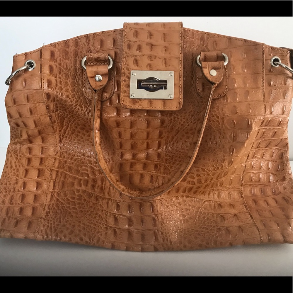 Brown leather satchel crocodile patter